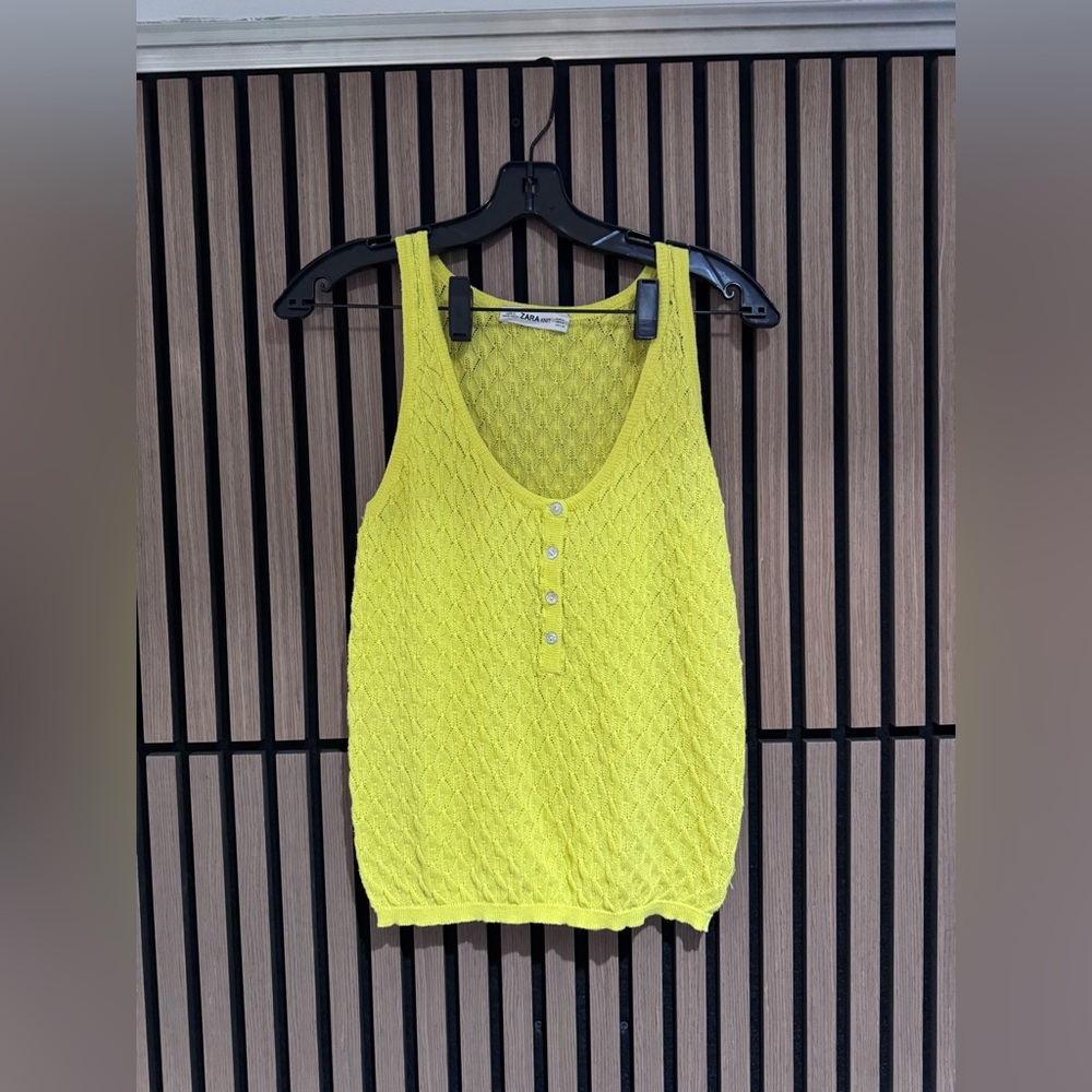Zara Knit Lemon Yellow Sleeveless Knit Tank with Button Placket